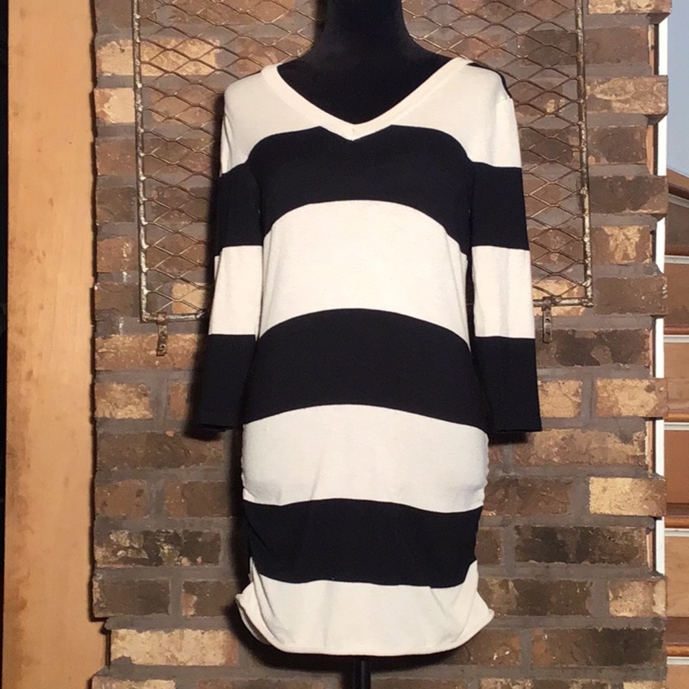 Pink Rose tunic sweater dress black cream stripes S